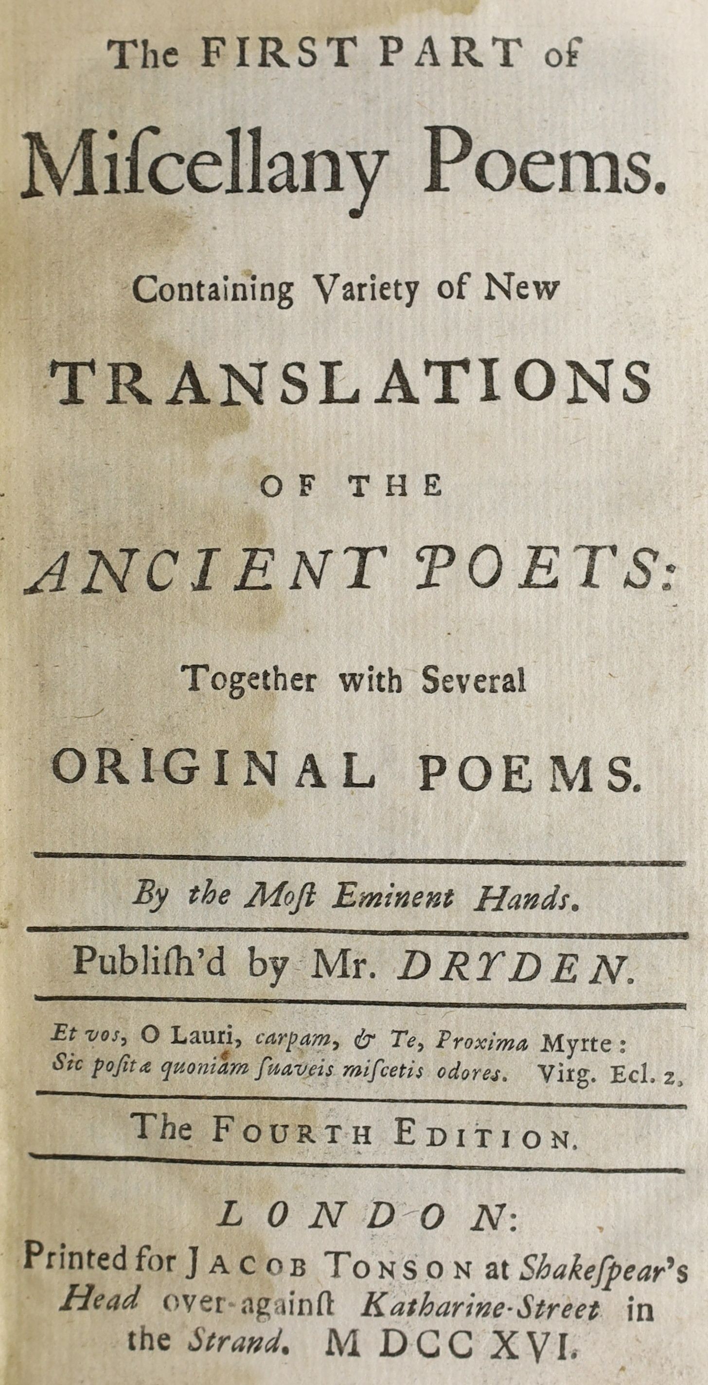 Fielding, Henry - The History of Tom Jones….2 vols, 8vo, half calf, with portrait, after Hogarth and 8 plates by George Cruikshank, James Cochrane, London, 1831 and Dryden, John (editor) - Miscellany Poems, 6 vols, 4th e